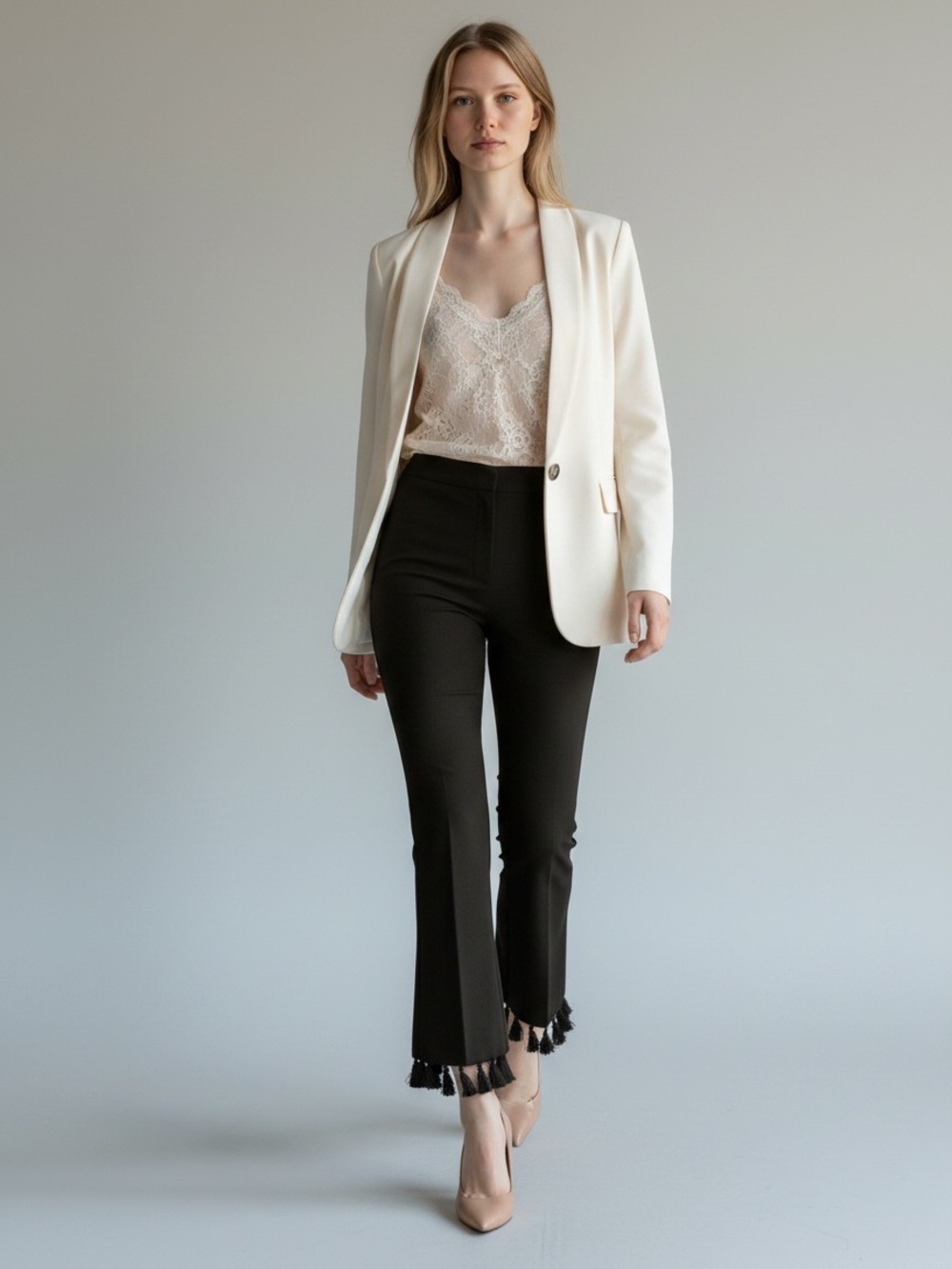Topshop Black Kick Flare Trousers Cropped Pants Tassel Hem Size 4